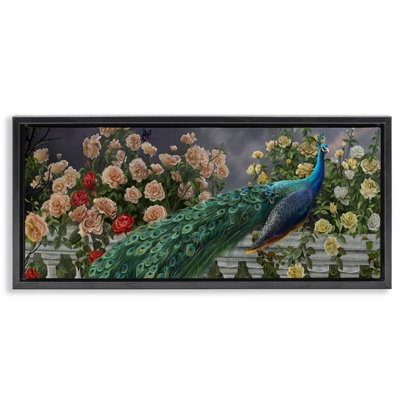 Stupell Industries French Country Peacock & Cottage Blossoms Black Floating Frame Canvas Art, 25 x 11, by Nene Thomas