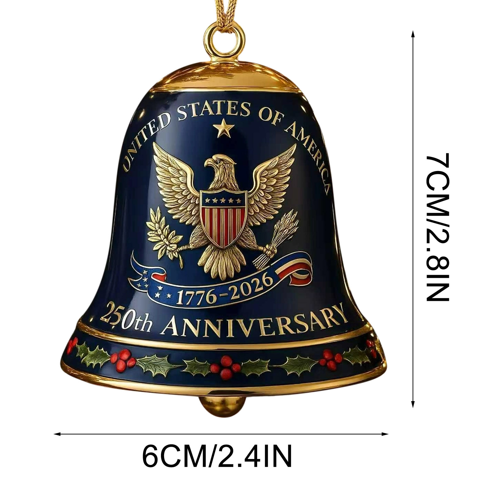 United States 250th Anniversary Bell Ornament, 250th Anniversary Metal Bell Ornament – 1776-2026 Red & Gold Patriotic Christmas Tree Hanging Decor, Shatterproof Holiday Ornament Gift (2PCS)