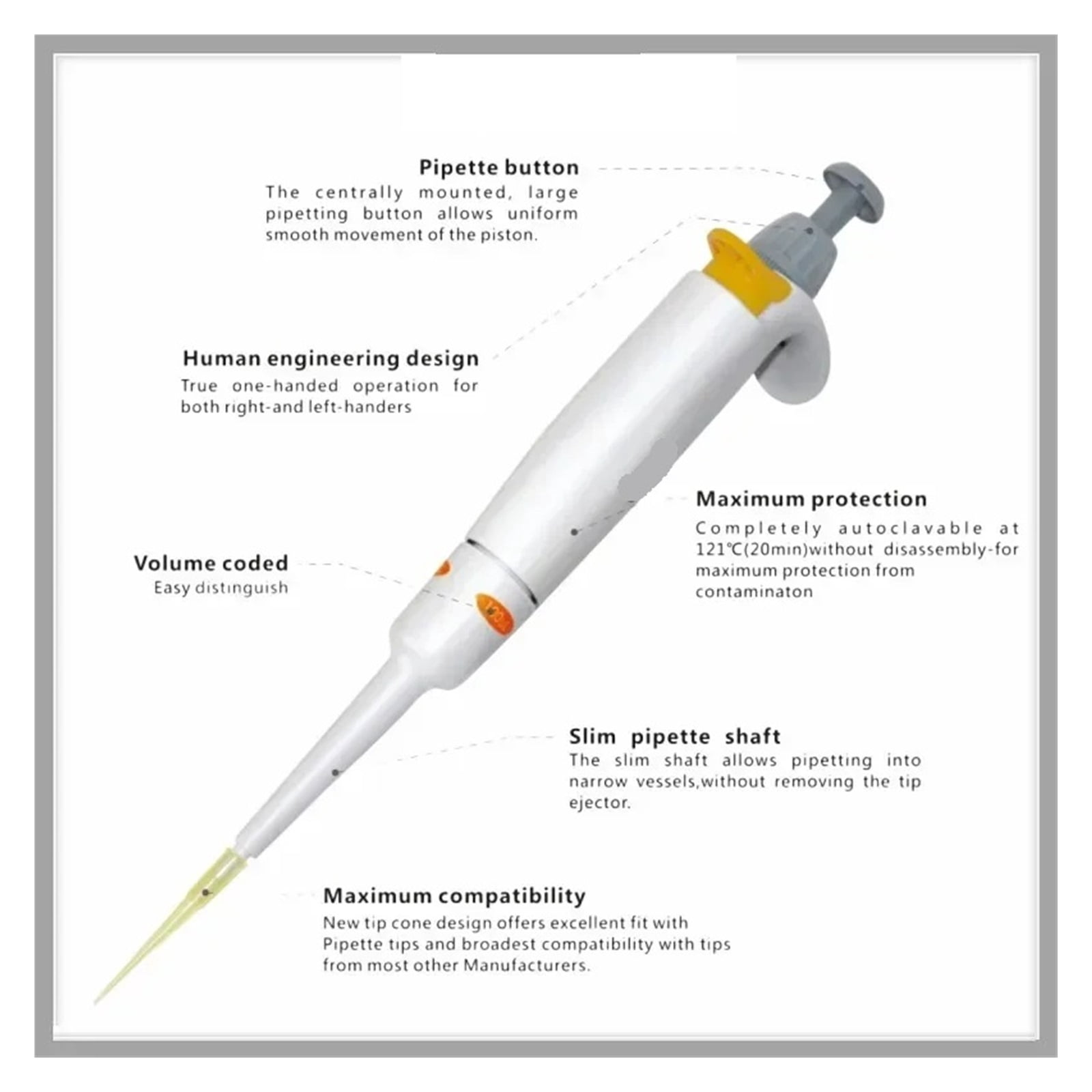 Fixed Volume pipettes Single Channel Manual Pipettor Pette 5-1000 ul 121(C) Fully Autoclavable ,Precision & Accuracy