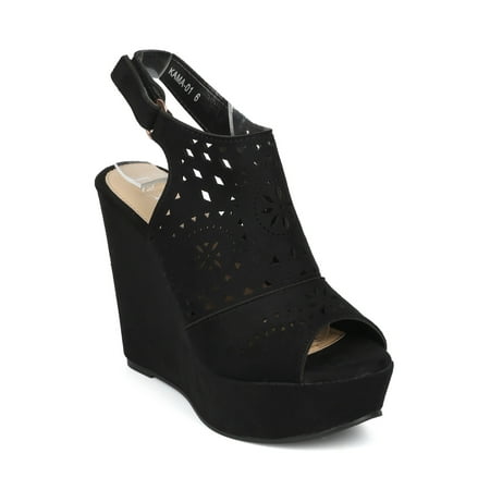 - Women Faux Suede Peep Toe Perforated Slingback Platform Wedge Sandal HH24