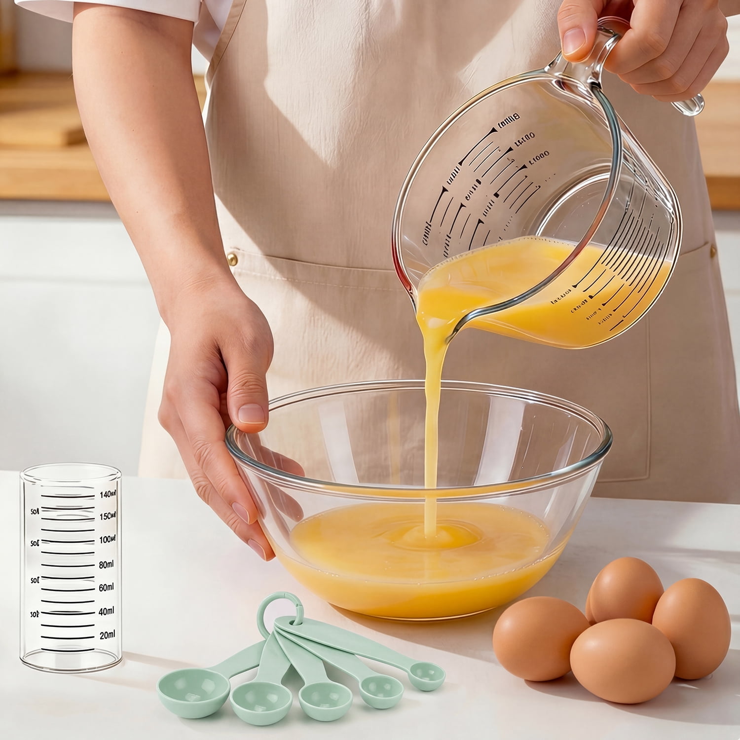 TAIMASI 9 Pcs Glass Measuring Cups Set with Lids, 4-Cup, 2-Cup, 1-Cup, 5 oz Liquid Measuring Cups & 5 Measuring Spoons | Microwave, Freezer & Dishwasher Safe，Yellow