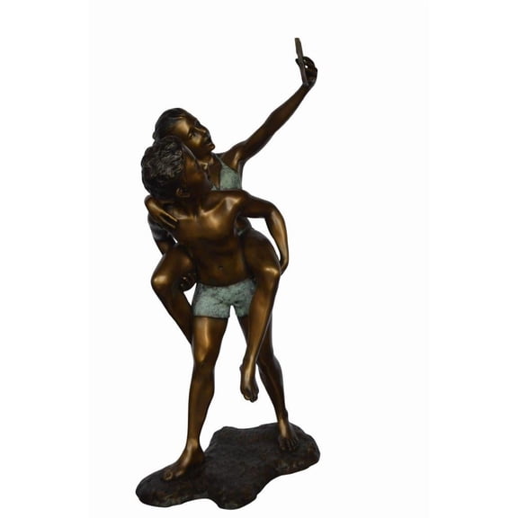Nifao Kids Taking a Selfie W a Smartphone Bronze Statue – Home Decor Sculpture, 23"L x 20"W x 43"H