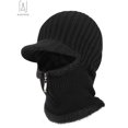 thumbnail image 2 of Gustave 2 In 1 Men Winter Warm Balaclava Beanie Hat with Fleece Lining Zipper Neck Scarf Warmer Ear Protector Knitting Stripes Hat and Scarf Conjoined Set "Black", 2 of 10