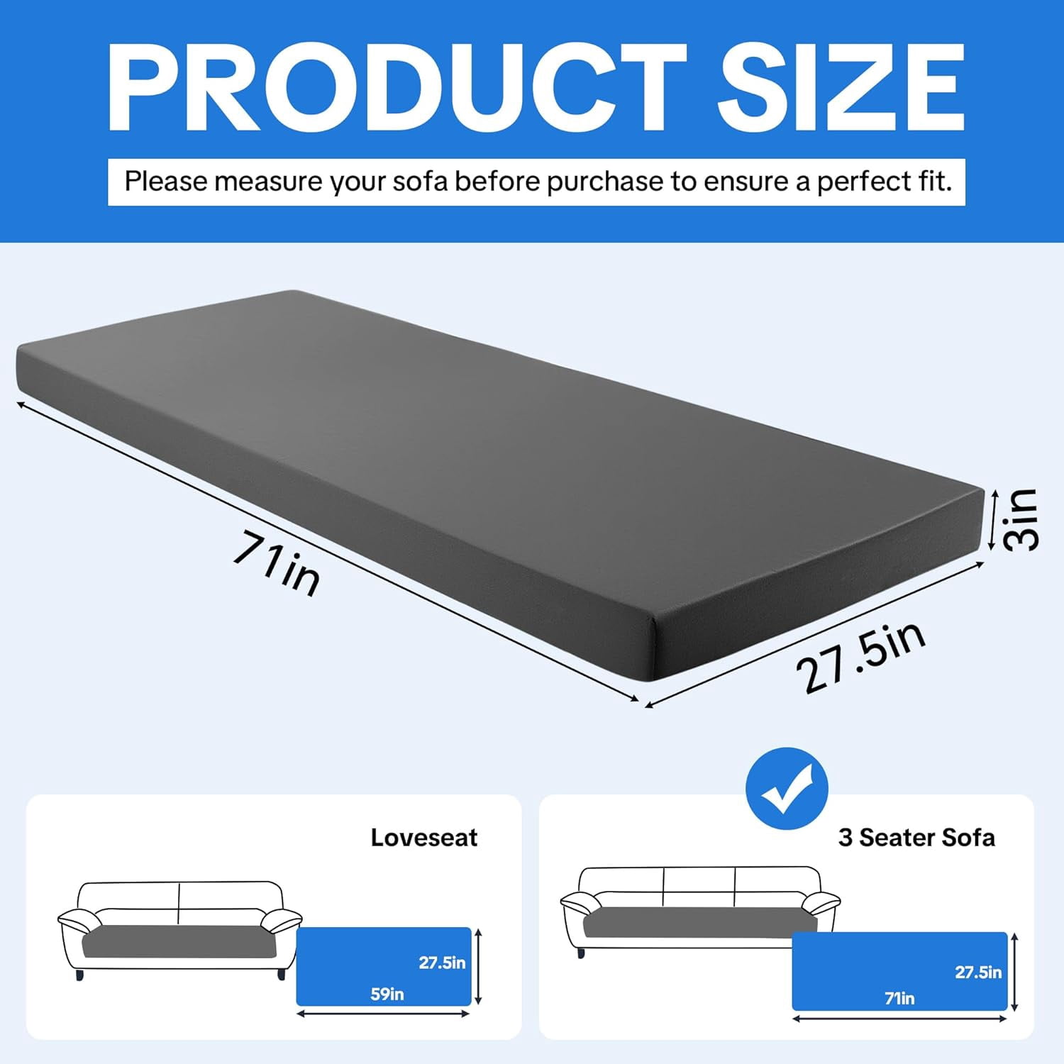 HOMBYS 3 Inch Memory Foam Sofa Topper Pad, Couch Topper Cushion with Washable Cover for Sofa, Couch Cover Pad with Non Slip Bottom (71 Inch)
