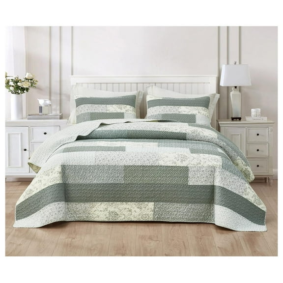 Caleb 3-Piece Muted Gray White Ivory Floral Plaid Rectangular Patchwork Quilt Set - Pre-Washed Cotton Quilted Lightweight Reversible Bedspread for All , Super King 128x110