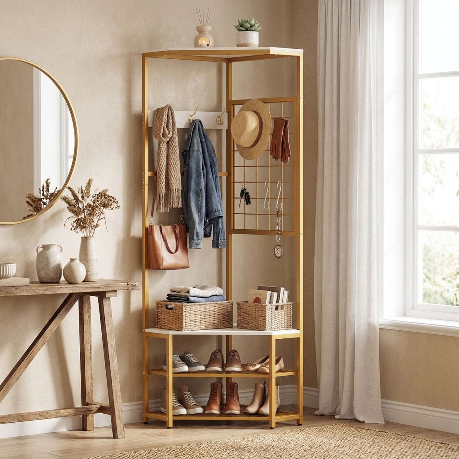 Furnibear Corner Freestanding Hall Tree Coat Rack with Storage Shelves and Removable Hooks for Entryway and Bedroom, White