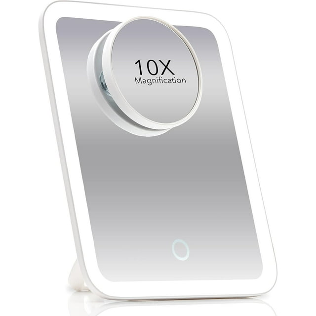 Portable LED Makeup Mirror with Light Settings x / x Magnifying Mirror Cordless Lighted Vanity Mirror Travel Dual Power Rotatable Kickstand Aura Go (Rose Gold)