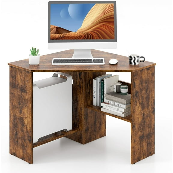 CRXX Corner Computer Desk, 90 Degrees Triangle Desk w/Shelves & CPU Stand, Compact Vanity Makeup Table with Storage, Corner Desks for Small Spaces (Rustic Brown, 33.5'')