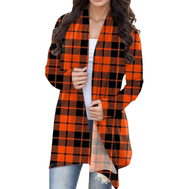 HBFAGFB Lightweight Cardigans for Women Simple Long Sleeve Plaid Jacket Versatile Long Coat Black Size S
