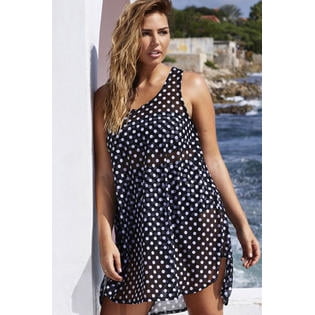 - Women Doted Pattern Chiffon Short Beachwear Tank Top Navy