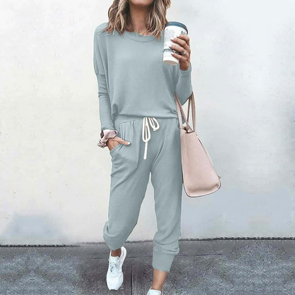 Sweatsuits 2pcs Sets Womens Jogger Set Solid Color Leisure Fashion Loose Round neck Long Sleeved Two Piece Sweatpants Joggers Mint Green Size L