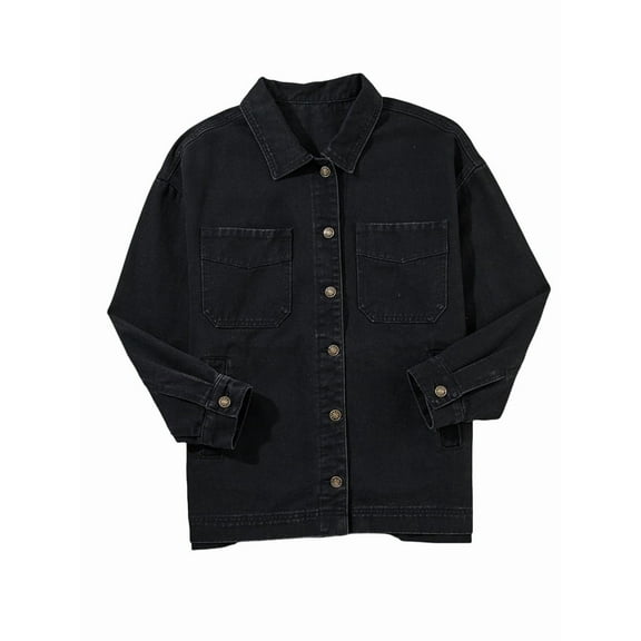 Women'S Jean Jacket Oversized Boyfriend Button Up Long Sleeve Split Zimbaplatinum Denim Jackets Black M