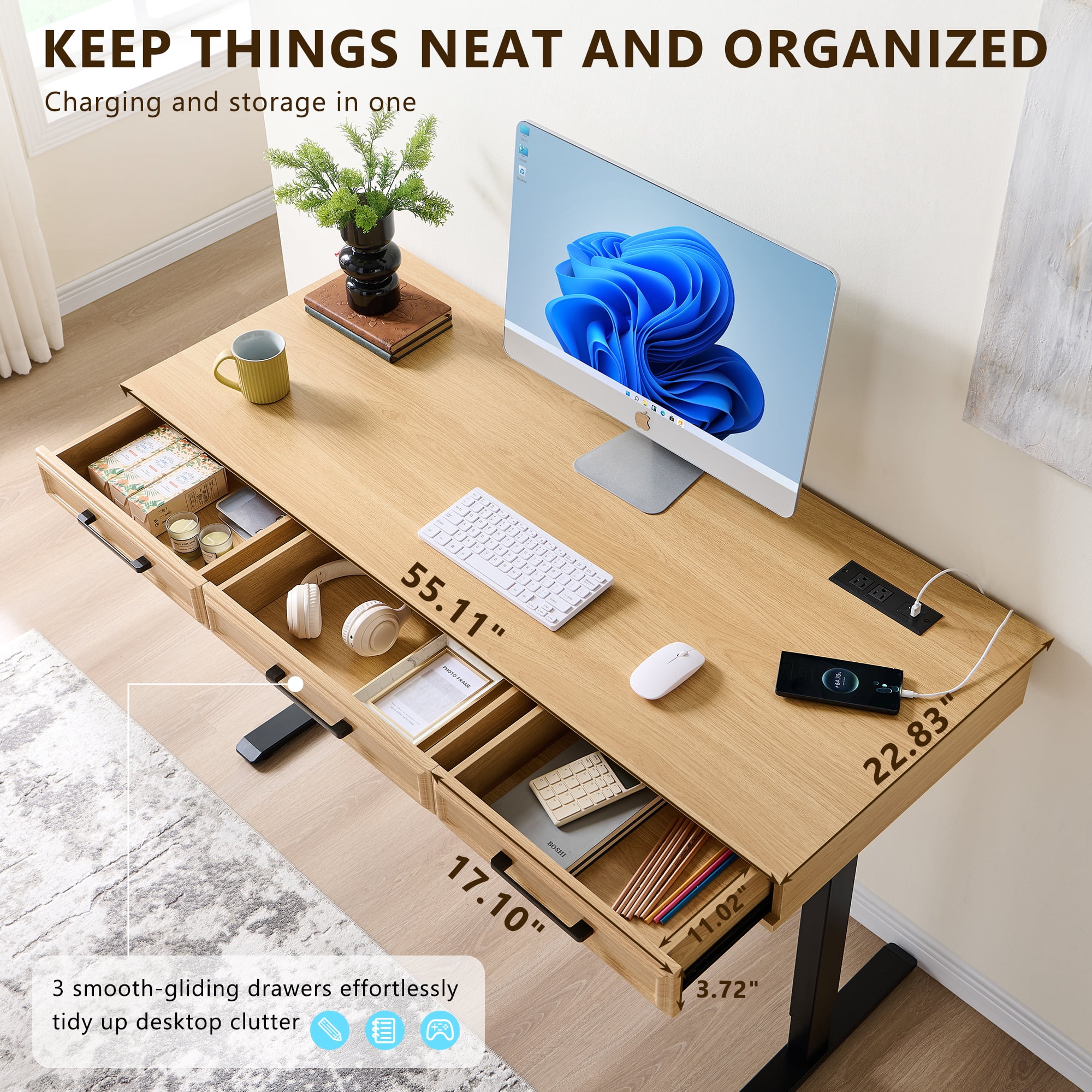 wow97e Electric Standing Desk, 55" x 22" Adjustable Height Office Computer Desk with 3 Storage Drawers, Sit Stand Up Desk with Power Outlets for Study and Home