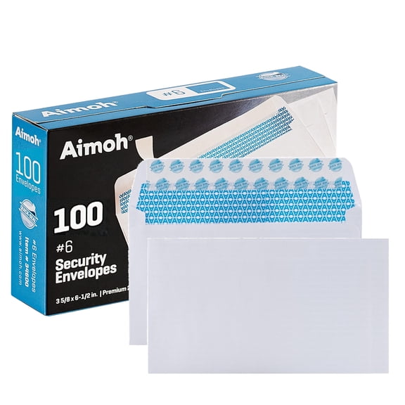 Aimoh Self-Seal #6 3/4 Security Envelopes, Windowless Mailing Envelopes, White, 3- 5/8” x 6- 1/2”, 100 Count