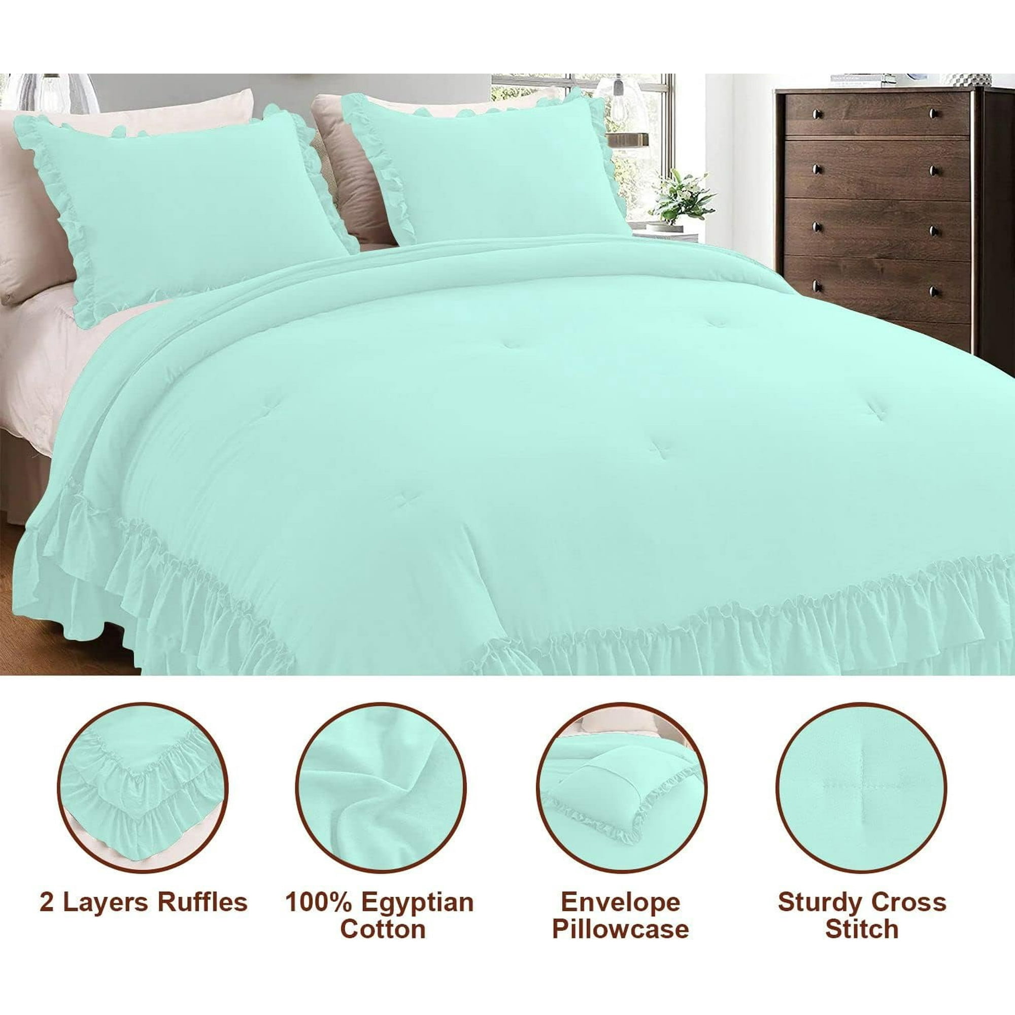 5 Piece Luxury 5 Inch Two Layer Ruffle Comforter 550 GSM All Season (Oversized King Size) Premium Super Soft - 800 TC, 100% Egyptian Cotton- Solid Auqa Blue Colour