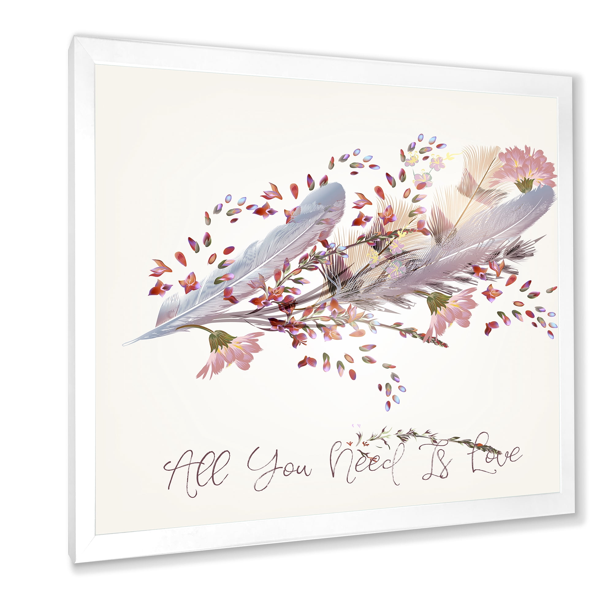 Designart 'Pink Feathers and Flowers All You Need Is Love' Bohemian & Eclectic Framed Art Print
