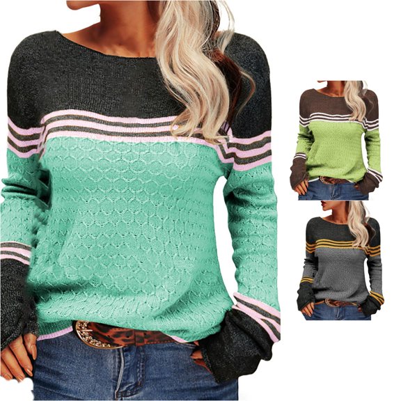 XIYON Sweaters for Women Striped Color Block Knit Sweater Elegant Fall Winter Long Sleeve Crewneck Top for Office Wear