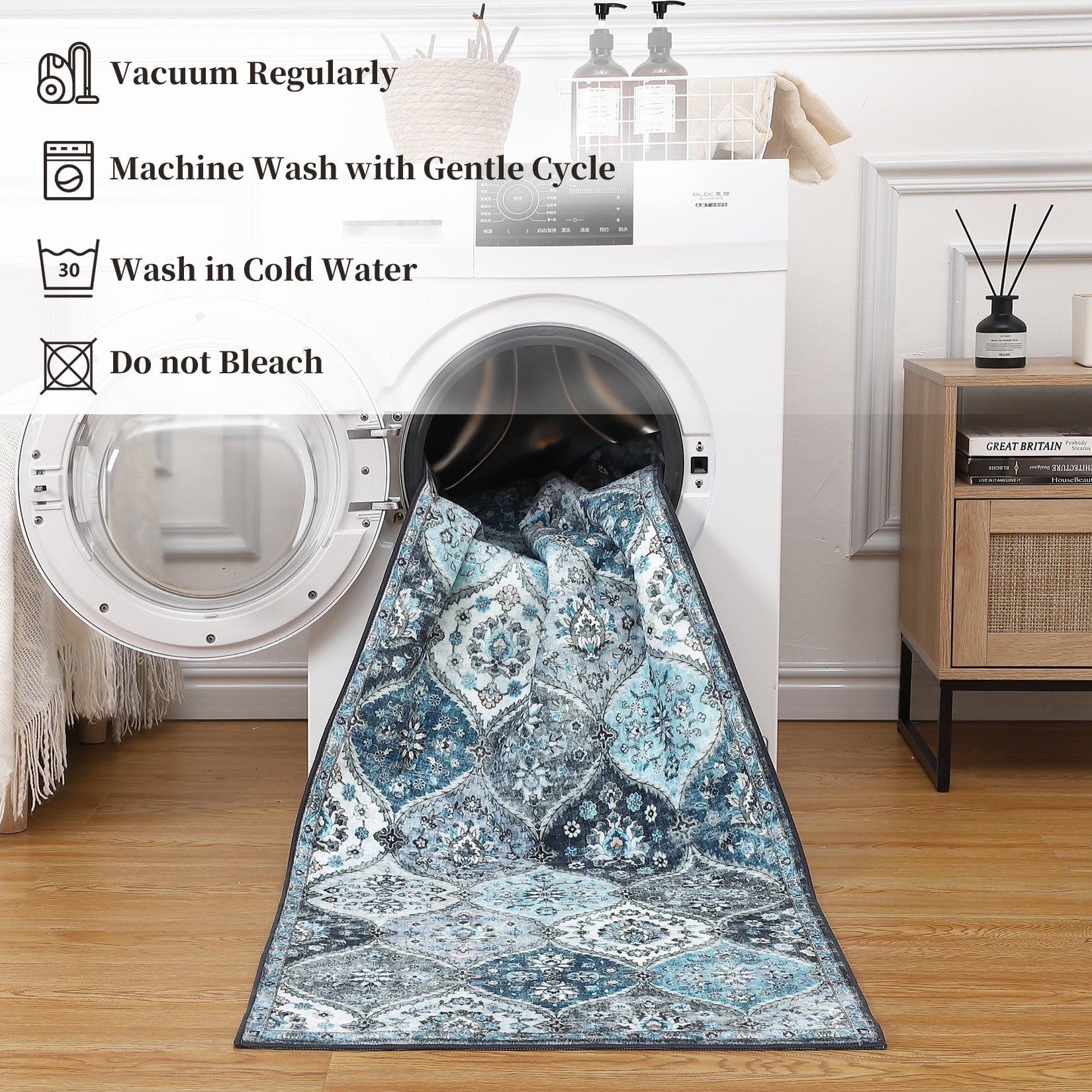 Hasoo 2' x 6' Runner Rug for Hallway Traditional Indoor Rug Machine Washable Bedside Carpet, Gray/Blue