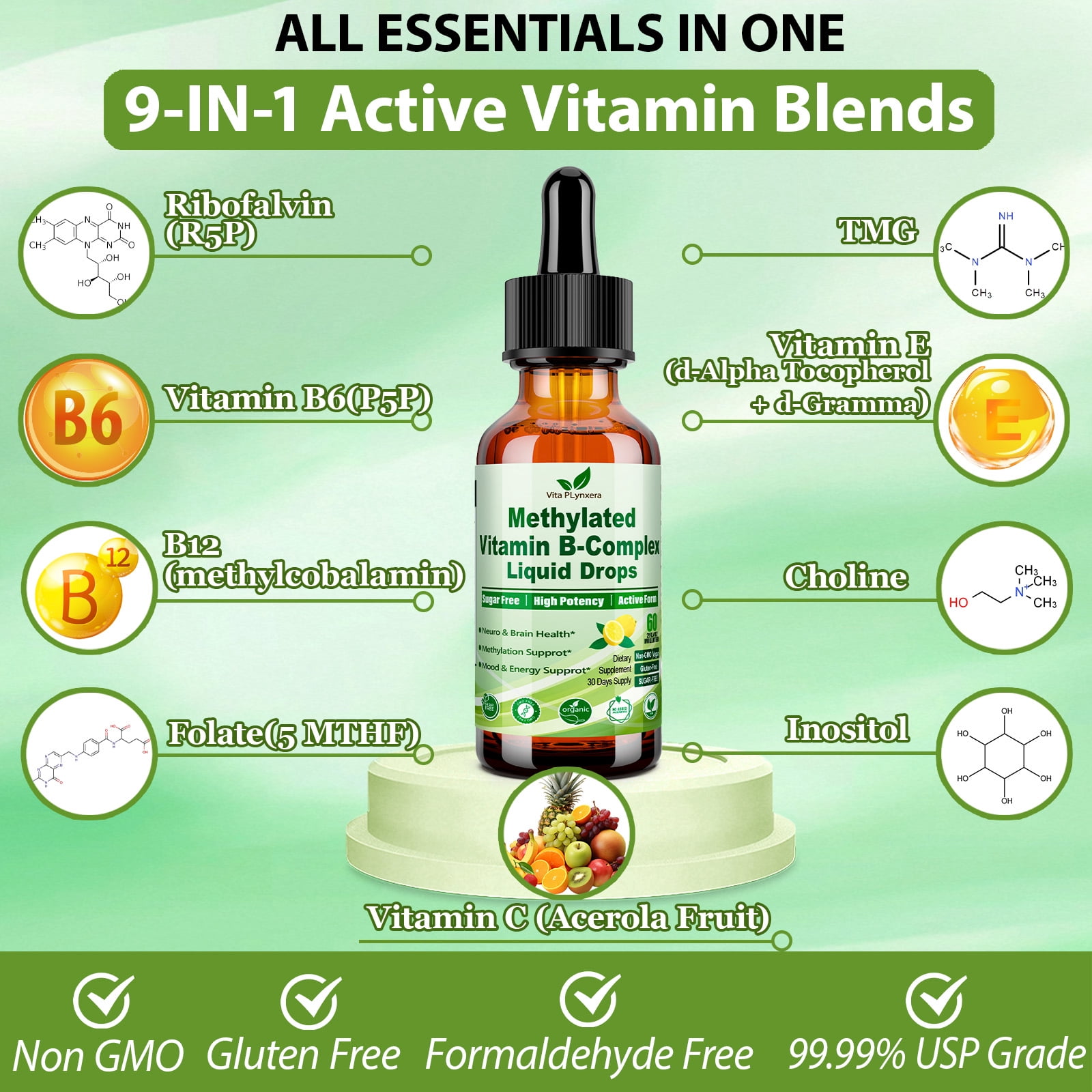 2Pack Methylated B Complex Liquid Drop Complete 9-in-1 Methyl B Vitamins w. B12 Methylfolate Inositol Choline TMG Vitamin C E, Super B-Complex Methylated for MTHFR Support, Energy Mood Nerve & Brain