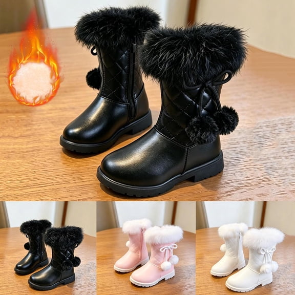 BXJX Girls Snow Boots, Zipper Fleece Lined Warm Outdoor Winter Shoots Black Size 1 Big Kids