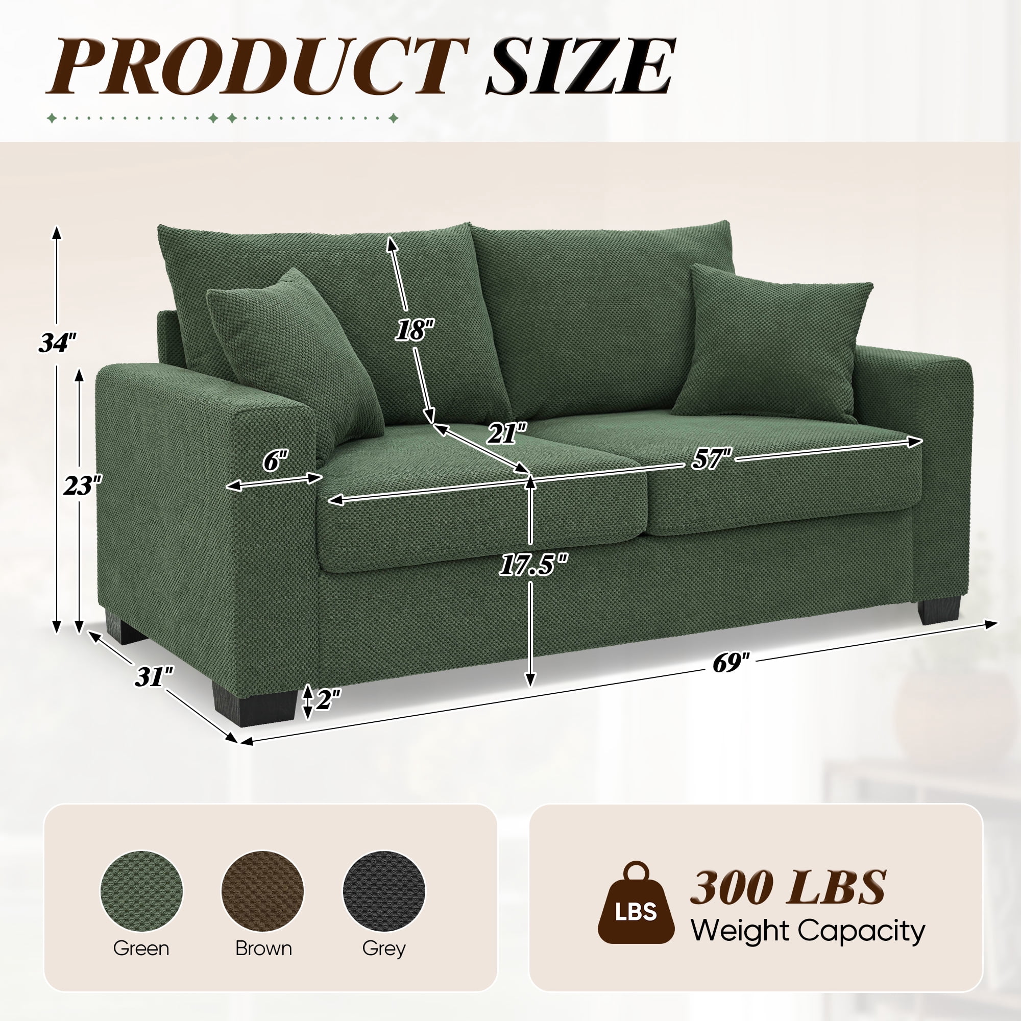 Lunale 69" Loveseat Sofa for Small Space, Modern Comfortable 2-Seater Upholstered Couch, Green Polyester