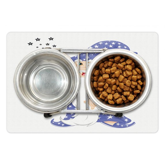 Wizard Pet Mat for Food and Water, Laughing Old Man with a Magic Wand and Stars Kids Tale Fantasy Character, Non-Slip Rubber Mat for Dogs and Cats, 18" X 12", by Ambesonne