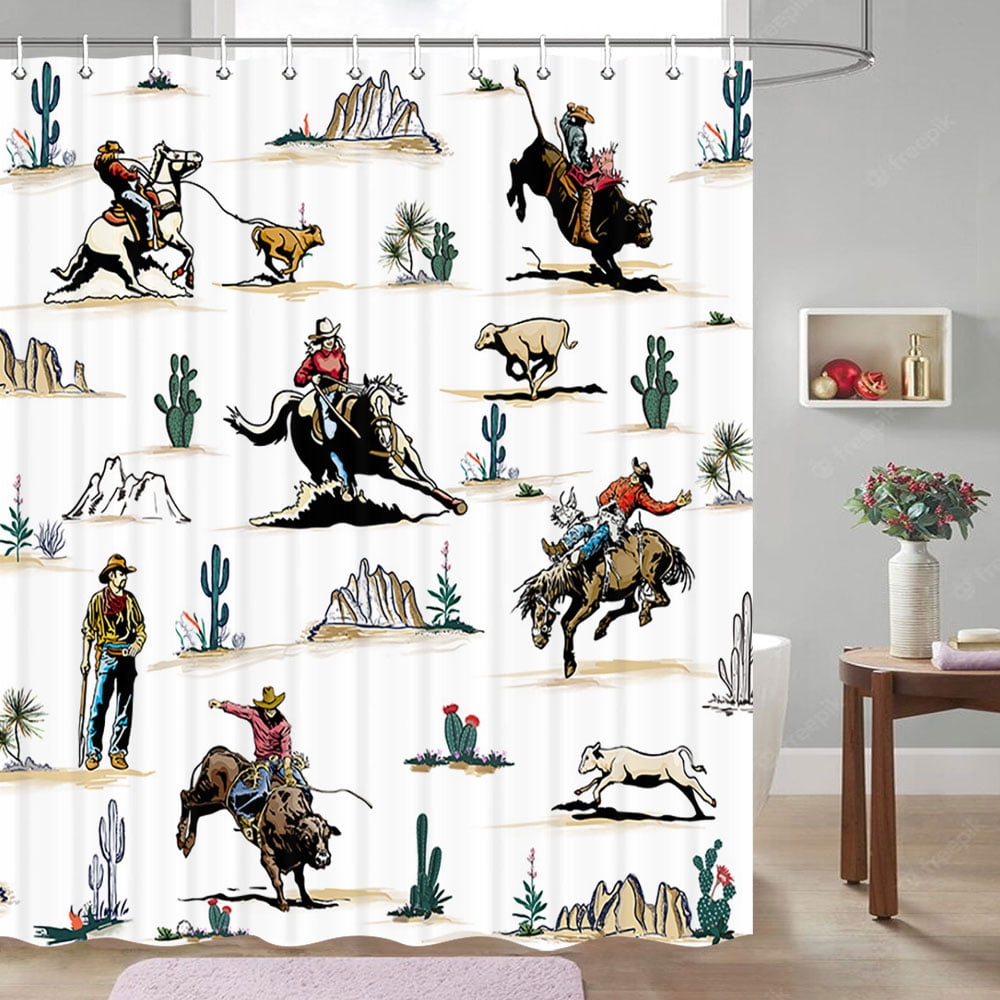 Western Shower Curtain, Farmhouse Country American West Western Shower Curatain, Wild West Cowboy Horse Bathroom Accessories Set with Hooks, 60X70inch, White