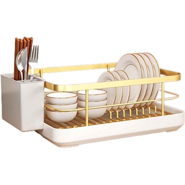 Escurridor de platos sobre el fregadero, escurridor con bandeja de goteo, ABS, con soporte para cubiertos, cesta extraíble, resistente a los arañazos, antideslizante, ahorra espacio (dorado, 34 x 26