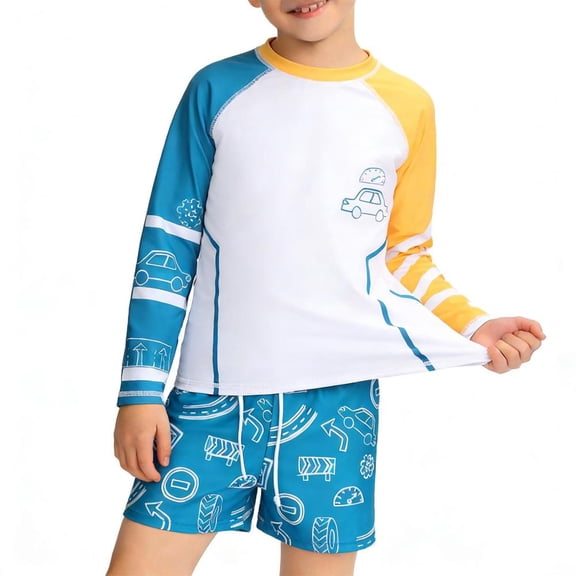 BXSRUTA Boys Swimsuit Set 3 Piece Toddler Boy Long Sleeve Rash Guard Swim Trunks with Swim Cap Sun Protection UPF 50 Bathing Suit
