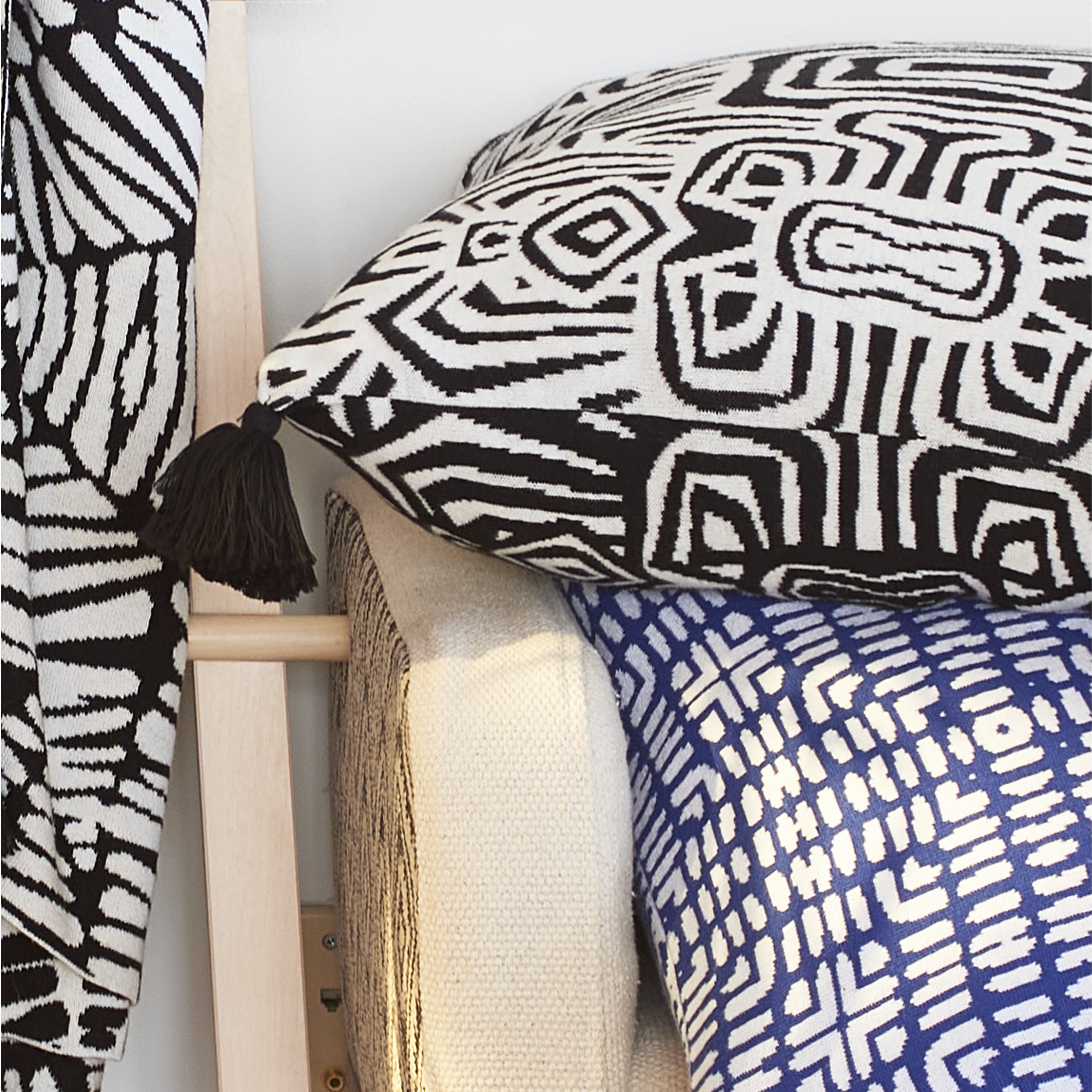 Rochelle Porter Oga Decorative Square Pillow, Throw, Black, White, Cotton, Polyfill, 20"x 20", 1 Count