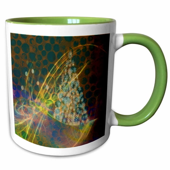 3drose, Christmas Tree of Snowflakes, Green, Gold, Blue, Pink, Abstract Lights, 11oz Two-tone Green Mug
