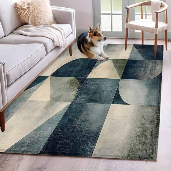 Navy Blue Geometric Area Rug 4x6 Washable Rug Non Slip Grey Modern Abstract Art Large Area Rug Indoor Floor Carpet for Entryway Bedroom Kitchen Living Room Home Office Dining Room Nursery