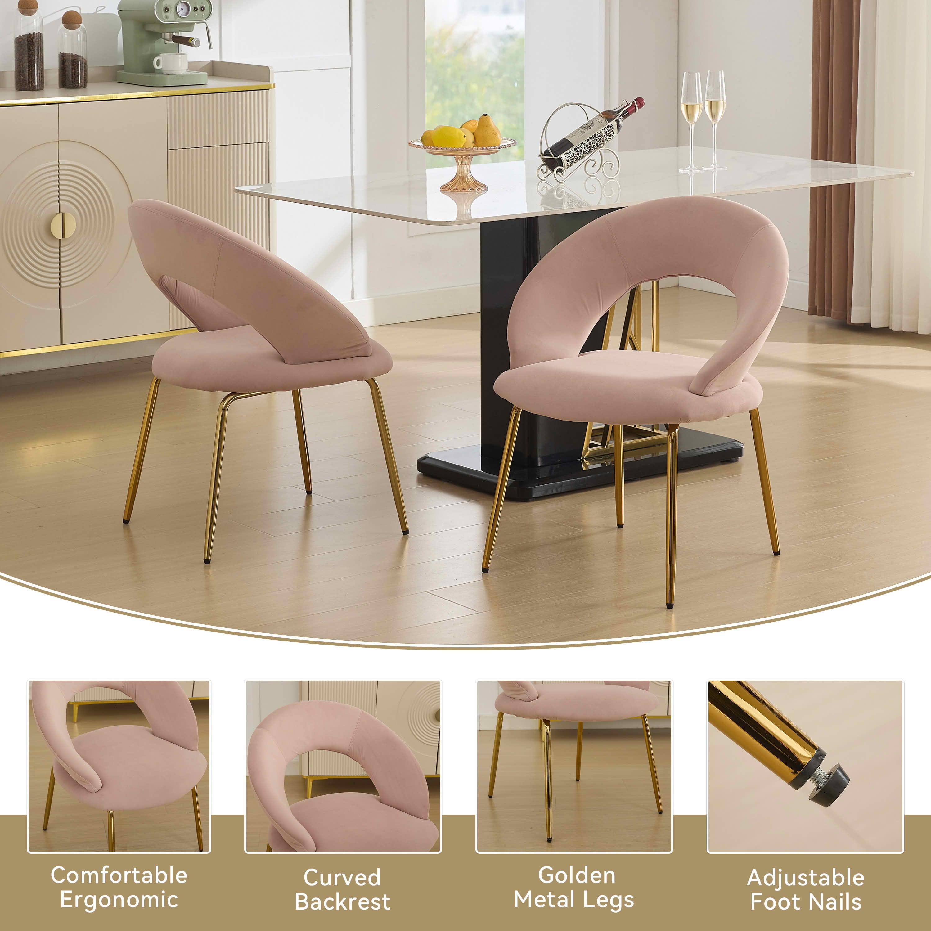 MAYEERTY Set of 1 Velvet Fabric Dining Chair, Curved Backrest & Golden Metal Legs, for Kitchen & Dining Room, Pink