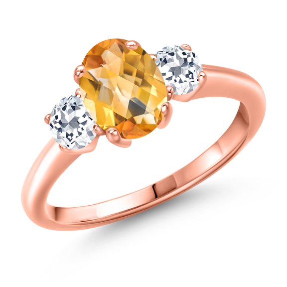 Gem Stone King 1.91 Ct Oval Checkerboard Yellow Citrine White Topaz 18K Rose Gold Plated Silver Ring