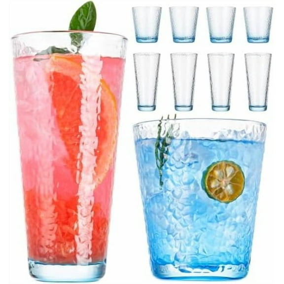 Drinking Glasses, 8 Piece Glass Cups, Colored Mixed Glassware Set, 4 pcs Crystal 12oz Highballs and 4 pcs 10oz Rocks Glasses, Great for Cocktail, Whisky and other Beveragesc (Light BLUE)
