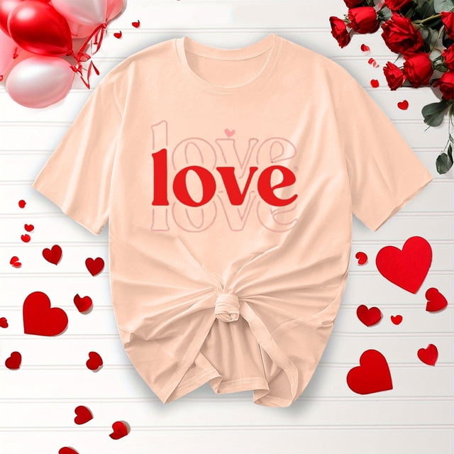 TIMIFIS T-Shirts à Manches Courtes de la Saint-Valentin pour Femmes Mode Décontractée Col Rond T-Shirt Imprimé Cœur d'Amour T-Shirt d'Été Ample Col Rond T-Shirts