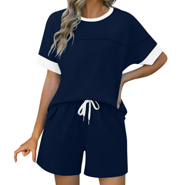 Tops de Cuello Redondo para las Mujeres Casual de Manga Corta Y Pantalones Cortos con Cordón de Dos Piezas Color Bloqueado Conjunto
