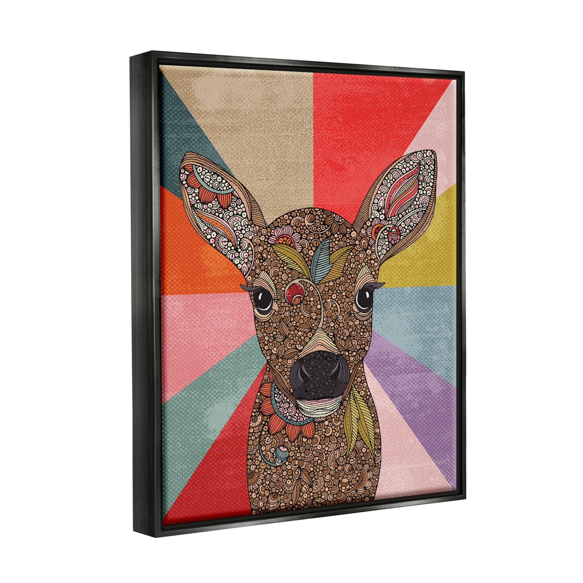 Stupell Industries Detailed Fawn Pop Style Stripes Floral Patterns Graphic Art Jet Black Floating Framed Canvas Print Wall Art, Design by Valentina Harper