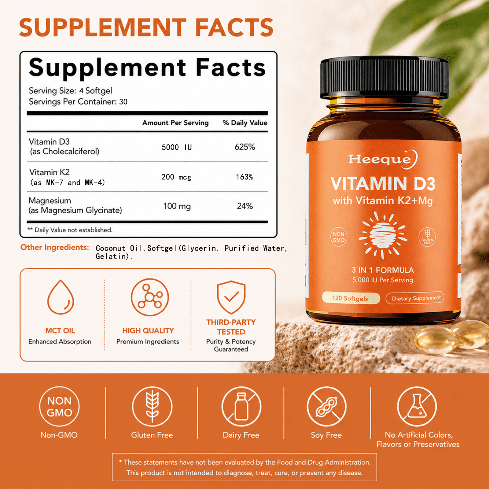 Heeque Vitamin D3 K2, D3 5000 IU, K2 200 mcg, with Magnesium Glycinate, Triple-Action High-Absorption Bone and Immune Support, 120 Softgels