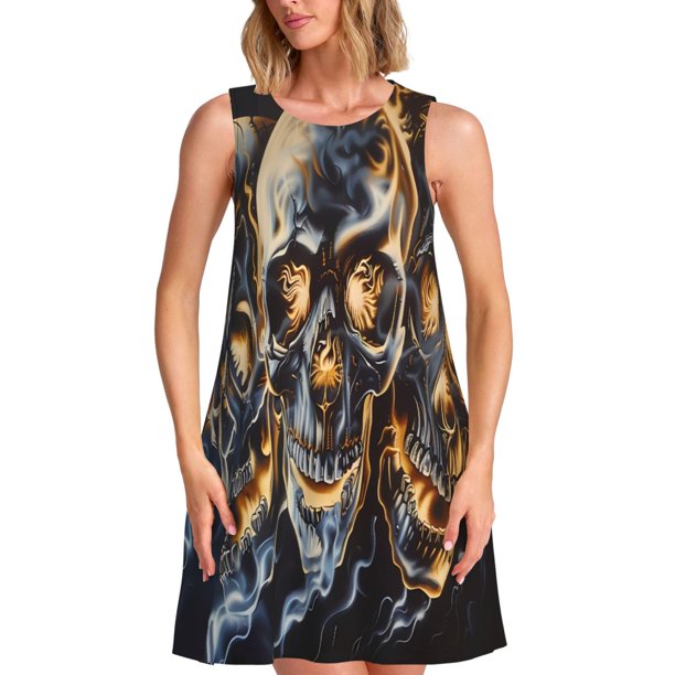 Disketp Fiery Skull Trio para Vestido sin Mangas para Mujeres, Vestidos de Verano para Mujeres, Casual y Holgado para la Playa