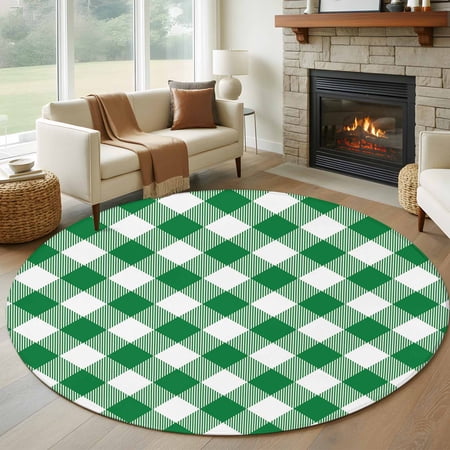 7ft Washable Round Rug Pastoral Style Non-Slip Circle Area Rug for Living Room Dining Room Deep Green Lattice Indoor Floor Mat for Home Decor