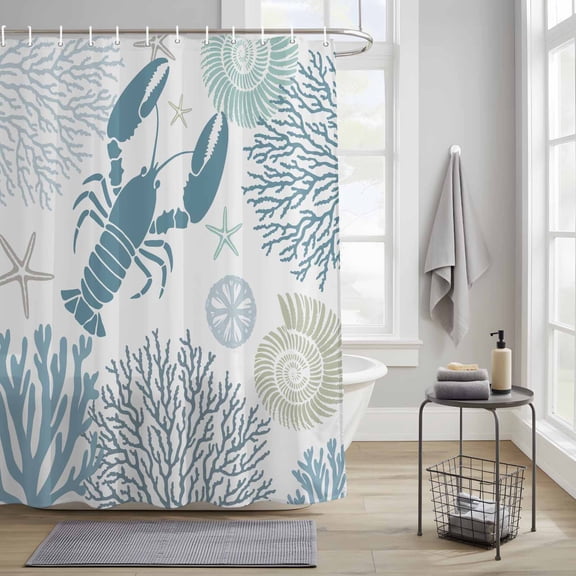 Ocean Teal Blue Lobster Coral Starfish Shower Curtain Set, Waterproof Shower Curtains With Grommet Hooks, Coastal Marine Life Privacy Bathroom Curtain for Bathtub 72x72IN