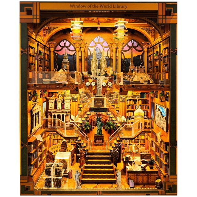 Book Nook Kit - DIY Miniature World Library Booknook - 3D Wooden Puzzle with LED Lights - Creative Bookshelf Insert & Educational Gift for Adults