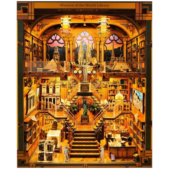 Kit de Coin Livre - Bibliothèque Mondiale Miniature Bricolage - Casse-Tête en Bois 3D avec Lumières LED - Insert Créatif pour Bibliothèque et Cadeau Éducatif pour Adultes