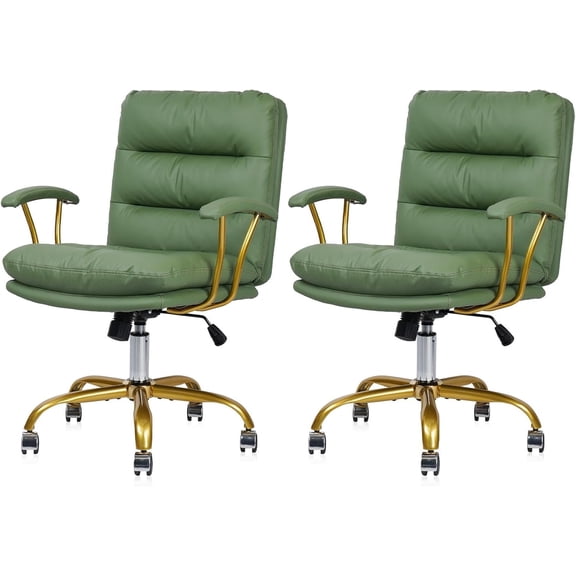 Ergonomic Desk Chair with Wheels and Arms Set of 2, Swivel Faux Leather Office Chair with Gold Base, Adjustable Height Modern Computer Chair for Office, Home, Bedroom, Vanity, Green