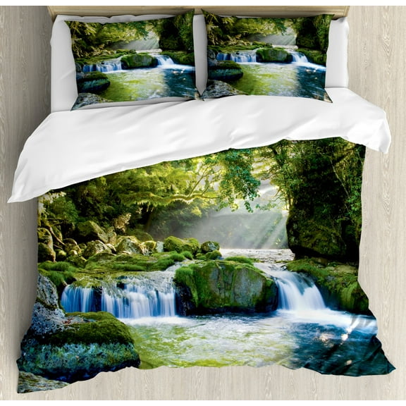 Rainforest Duvet Cover Set King Size, Foliage Jungle Misty Mountains Waterside River Shaft with Sunbeams Image, Decorative 3 Piece Bedding Set with 2 Pillow Shams, Green Yellow Blue, by Ambesonne