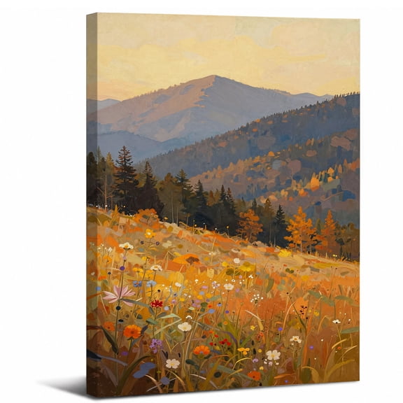 Autumn Wildflower Canvas Wall Art Framed Bathroom Decor,Rustic Fall Nature Landscape 2D flat canvas print perfect for bathroom bedroom or living room