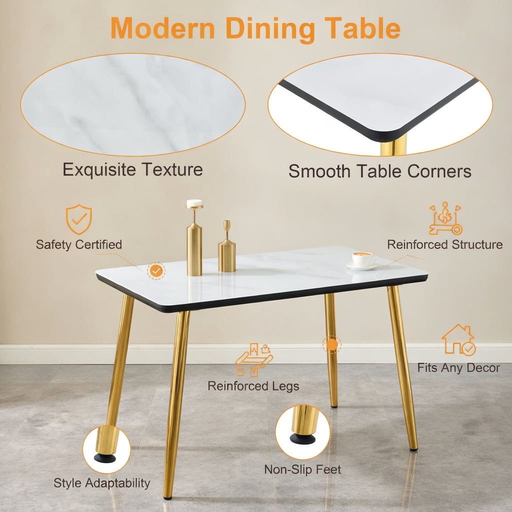 Hommoo Modern Rectangular Dining Table for 4-6 People, Tempered Glass & MDF Top with Imitation Marble Finish, Tapered Metal Legs, Minimalist Design for Small Spaces, White & Gold
