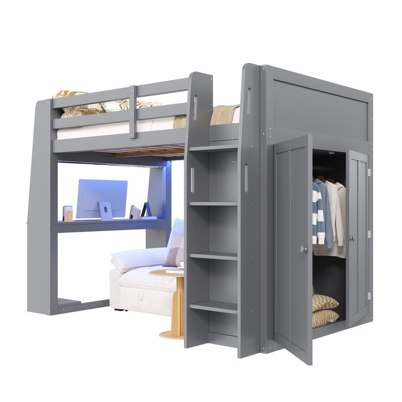 Euroco Wood Full Size Loft Bed with Desk and Wardrobe, High Loft with LED Light and USB Ports, Grey
