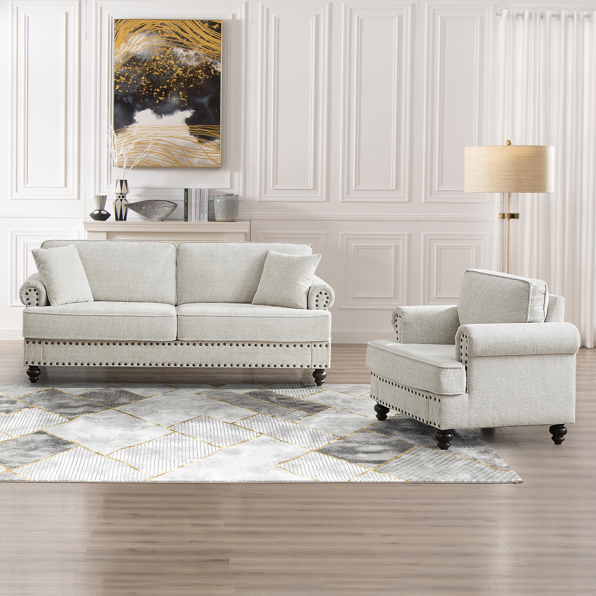 Muumblus 2 Pieces Chenille Living Room Furniture Sets , Single Sofa Chair and Sofa Set, White